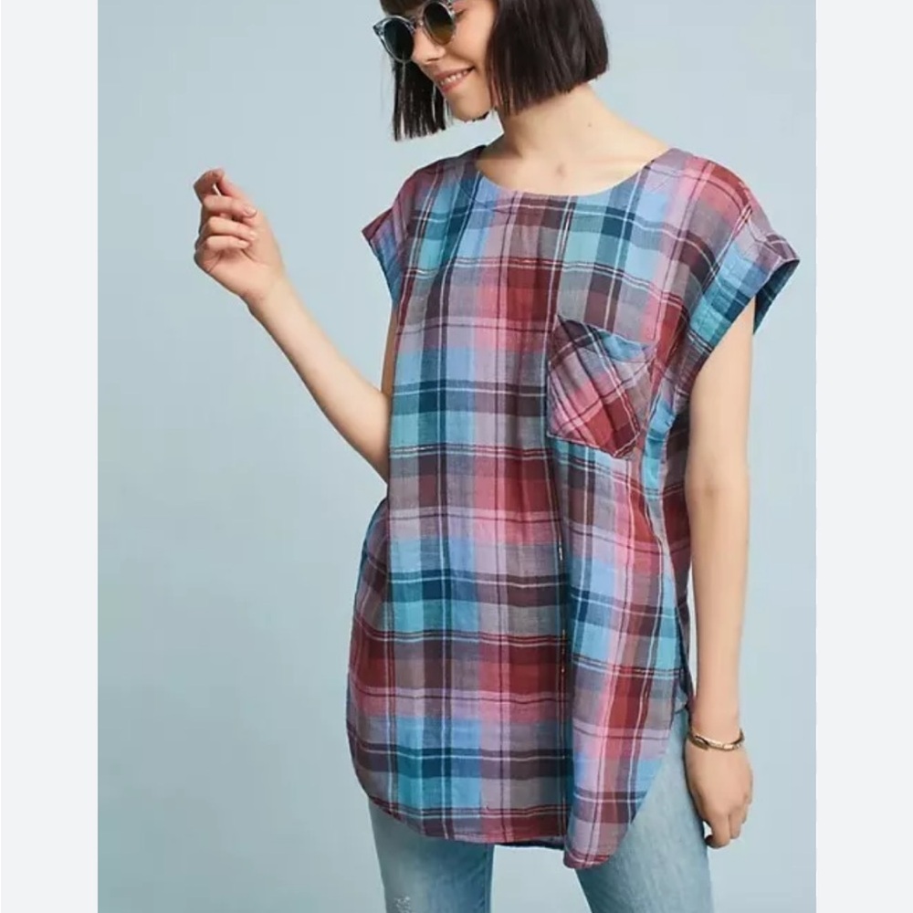 Anthropologie Akemi + Kin Cleora Cap Sleeve Plaid Tunic Gauzy Top Medium